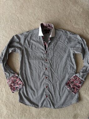 Axxess Black & White Striped Shirt with Red Accents